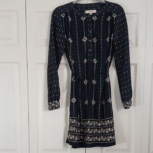 LOFT Preppy Navy Blue Patterned Long Sleeve Dress, Small. Like new- no flaws!